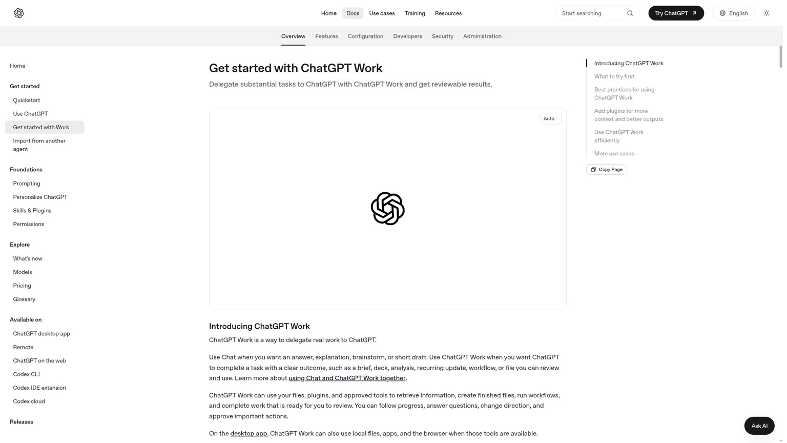 ChatGPT Work documentation showing multi-step work across apps and files