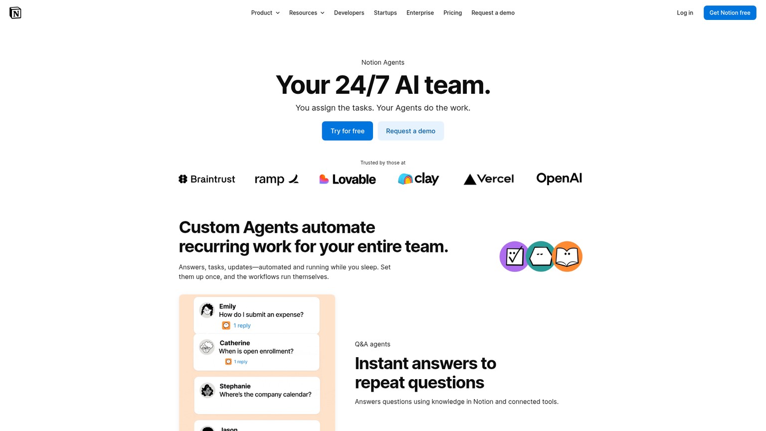 Notion Agents product page showing agents working across workspace data