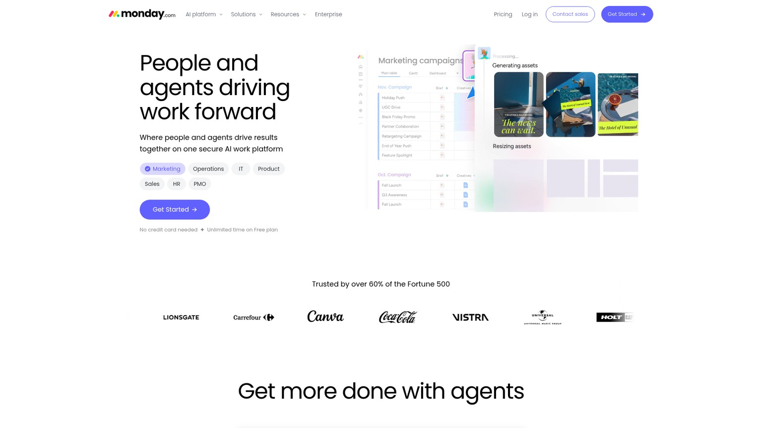 monday.com product page showing work management and AI