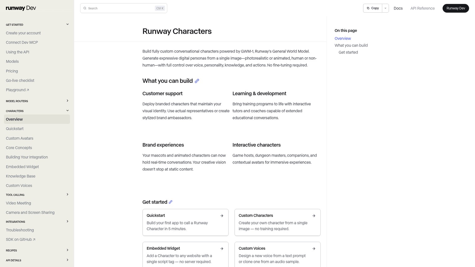 Runway Characters developer page for GWM-1 Avatars