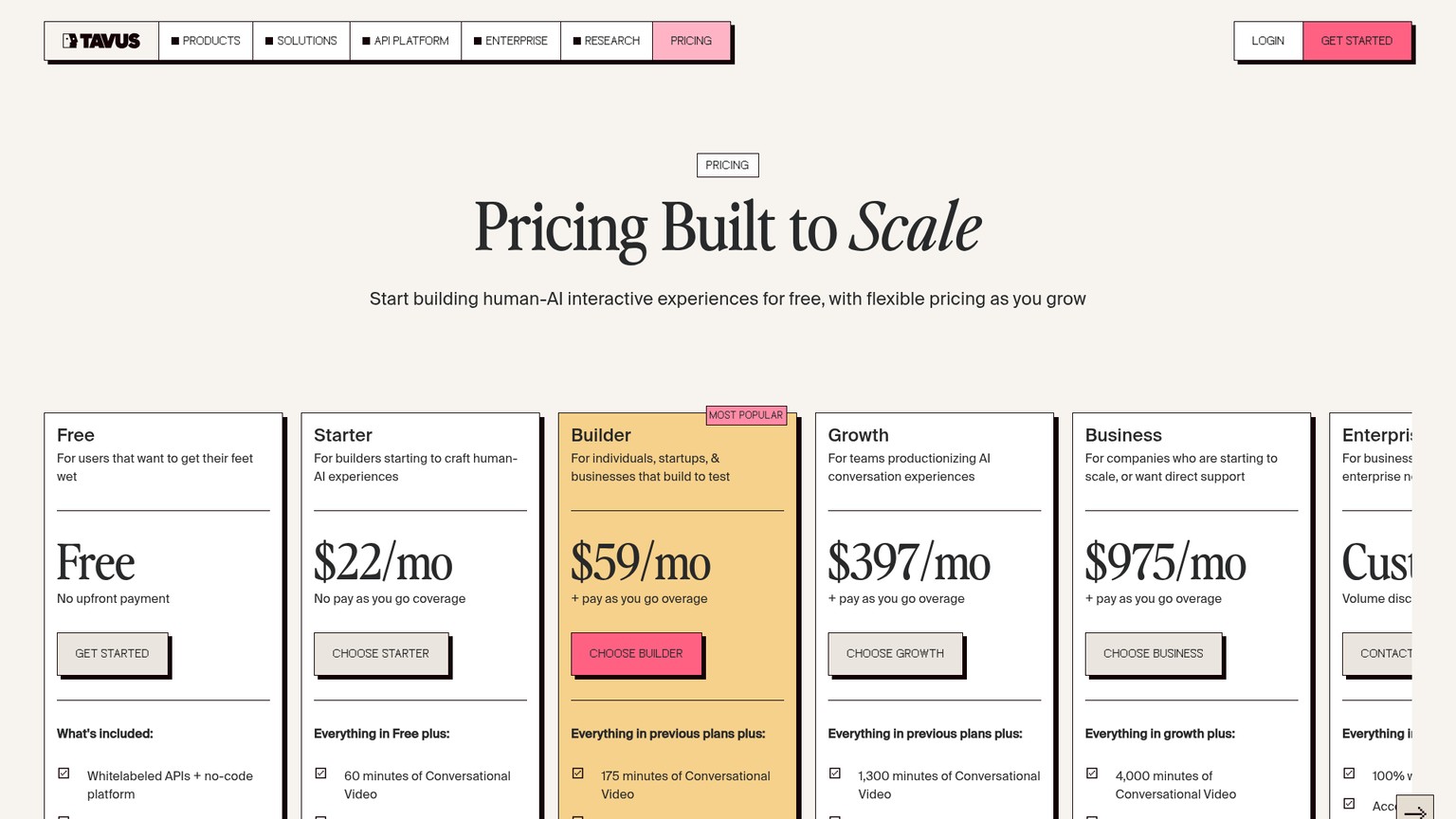 Tavus Conversational Video Interface pricing and plan page