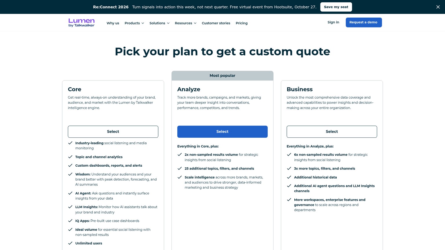 Talkwalker-Preisseite mit den nur auf Anfrage erhältlichen Tarifen Core, Analyze und Business