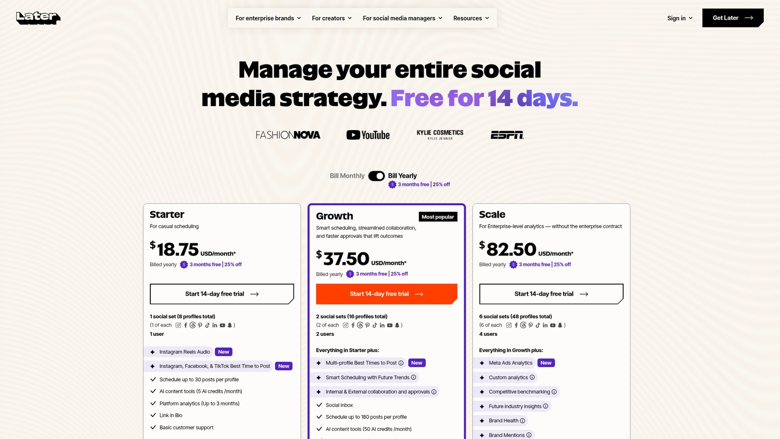 Página actual de precios de Later con los conjuntos de cuentas de Starter, Growth y Scale