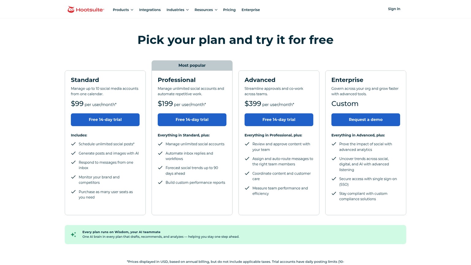 Planes actuales de Hootsuite: Standard, Professional, Advanced y Enterprise