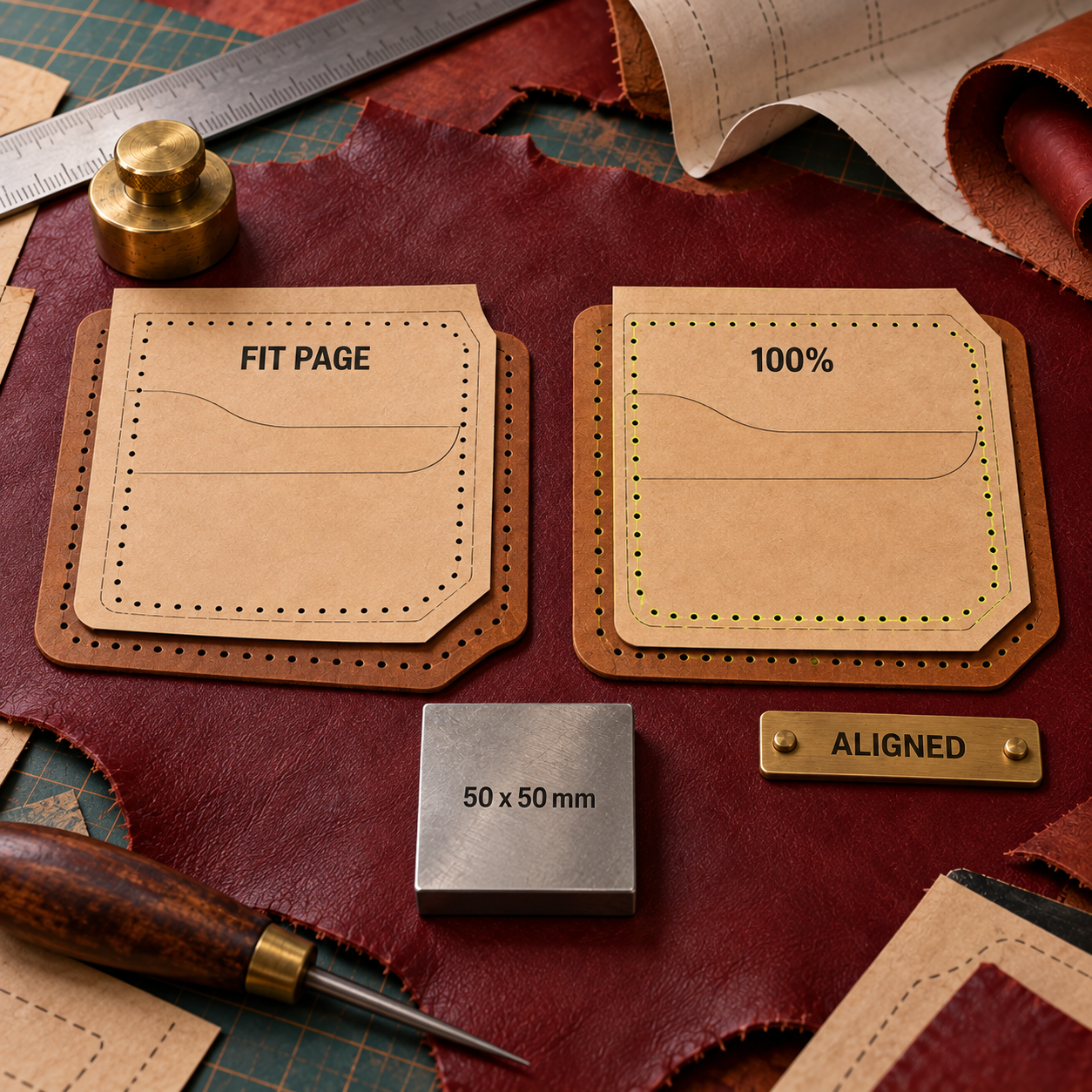 Before and after print proof of the same wallet panel, with drifting stitch holes under Fit Page and aligned holes under 100 percent