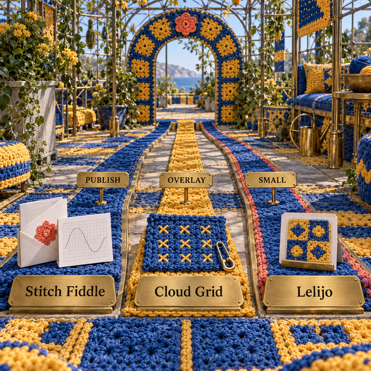 A textile greenhouse with three paths marked Publish, Overlay and Small leading to Stitch Fiddle, Cloud Grid and Lelijo