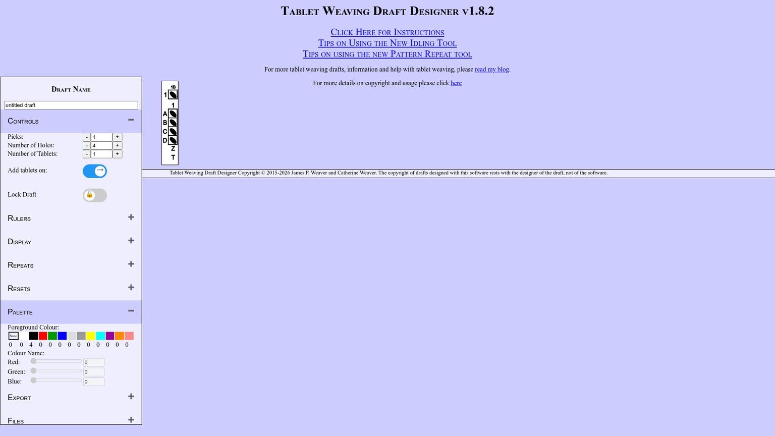 Tablet Weaving Draft Designer editor with threading, turning and export controls
