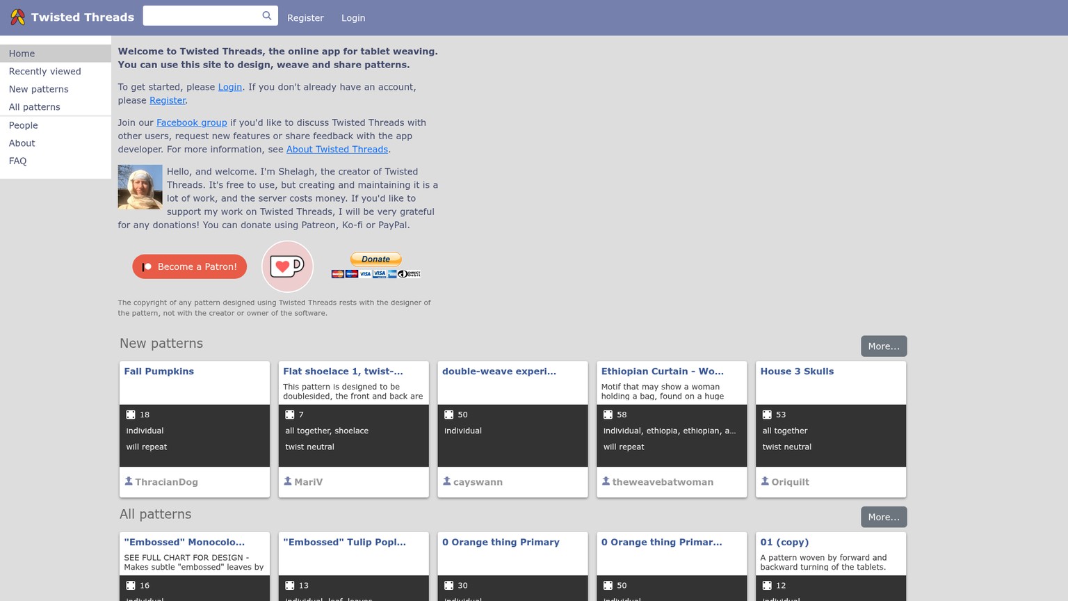Twisted Threads tablet weaving app homepage and shared pattern library