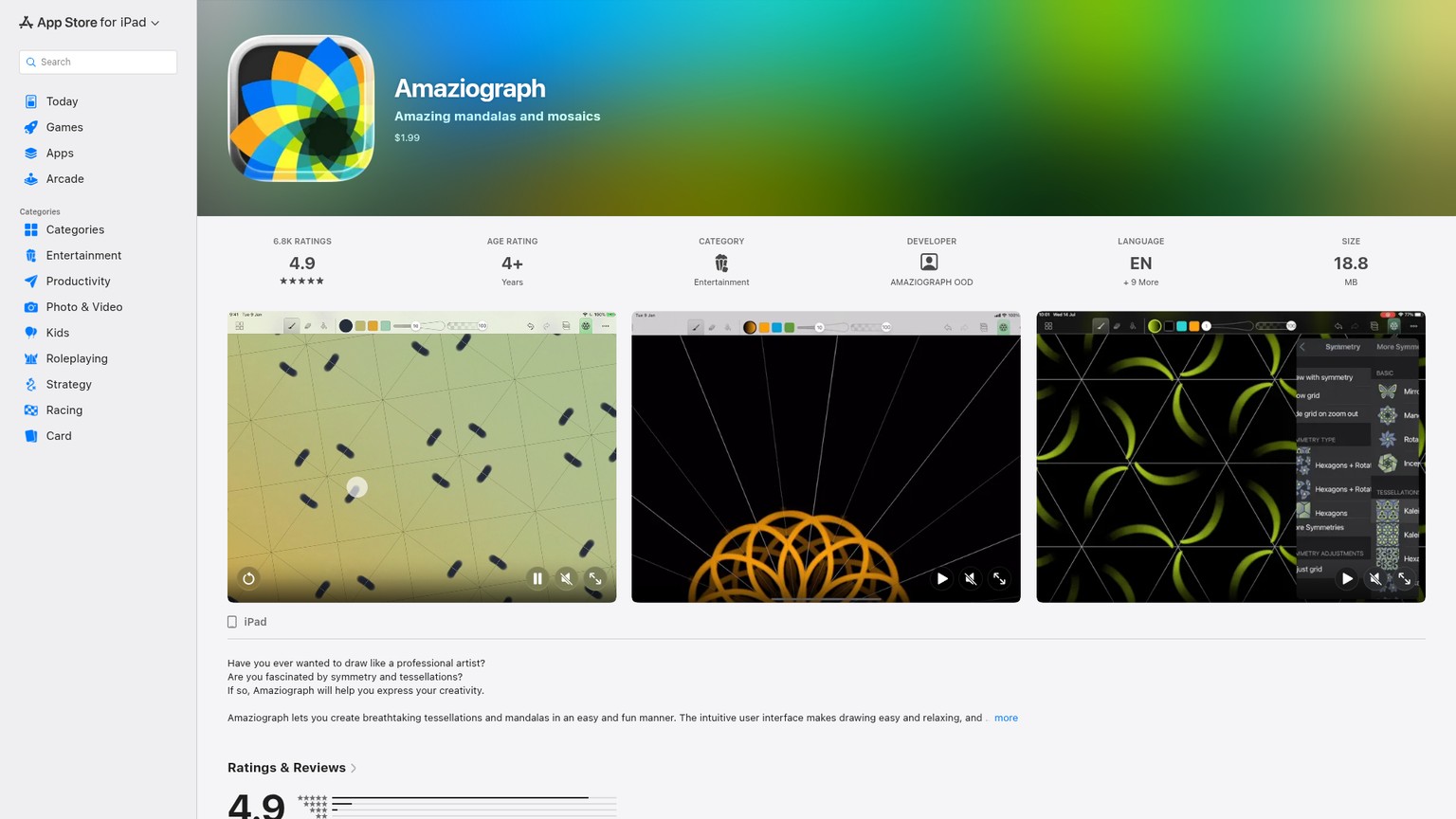 Página de Amaziograph en App Store con el precio actual y las funciones de dibujo simétrico