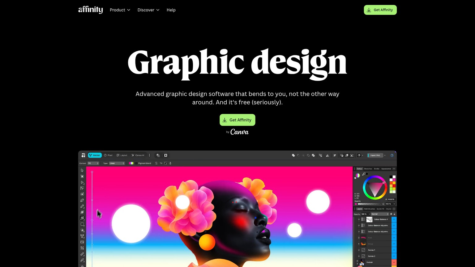 Página del producto de diseño vectorial Affinity que muestra su flujo de dibujo profesional