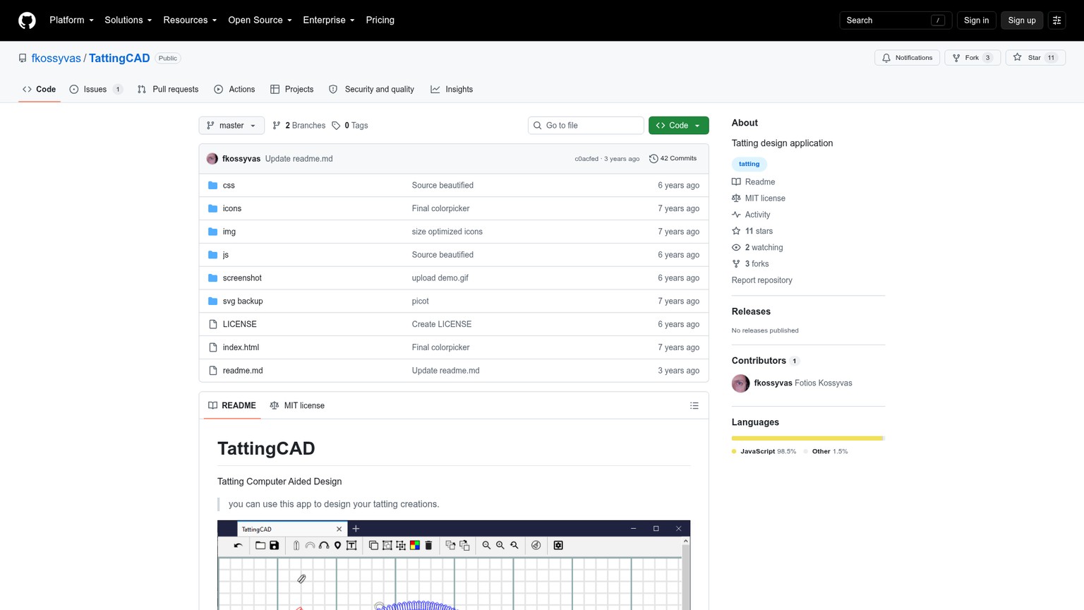 Repositorio público de TattingCAD en GitHub con su aplicación de diseño de frivolité para navegador