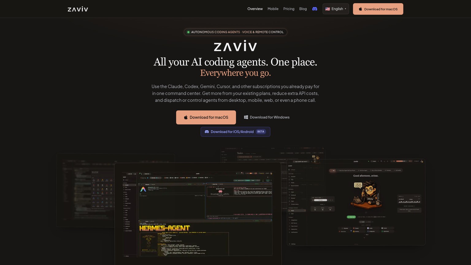 Espace de travail multi-agent Zaviv avec contrôle vocal et gestion à distance de plusieurs agents de code
