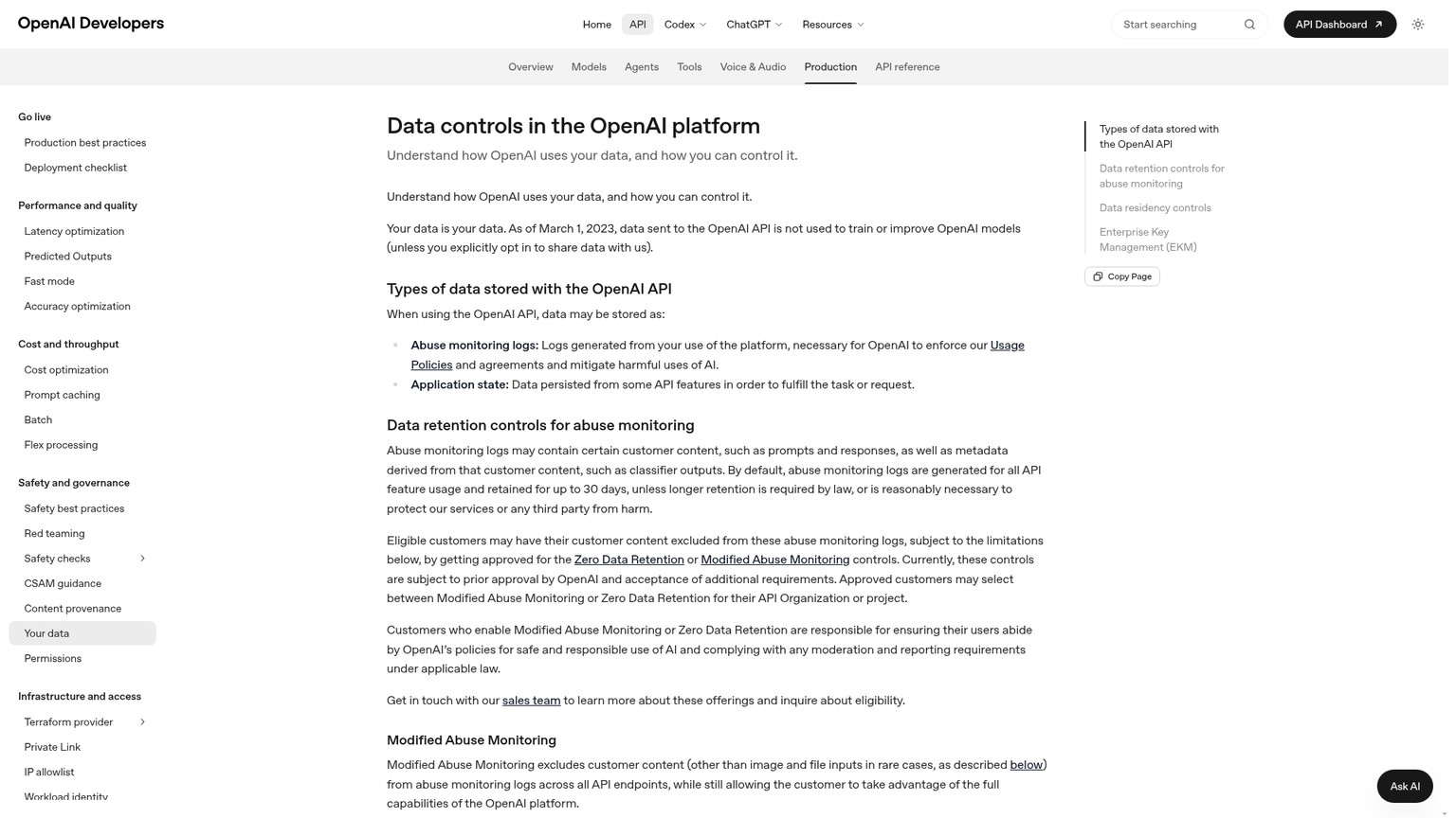 Dokumentation der OpenAI API zu Datenkontrollen, ZDR-Berechtigung und dem Verhalten einzelner Endpunkte
