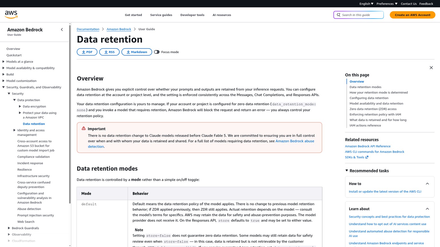 Amazon-Bedrock-Dokumentation zu den Aufbewahrungsmodi none, default und provider sharing sowie zur Richtliniendurchsetzung