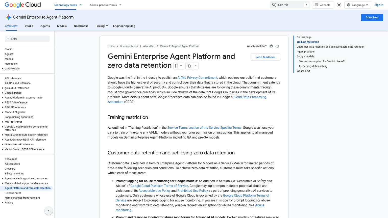 Google-Cloud-Dokumentation zur Umsetzung von Zero Data Retention für die Funktionen der Gemini Enterprise Agent Platform