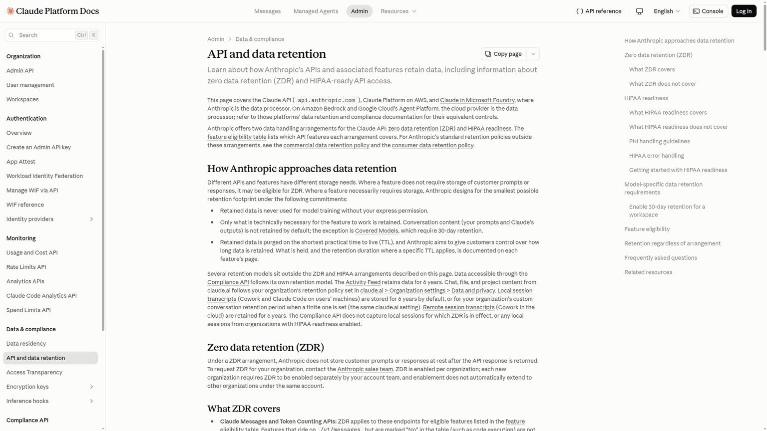 Dokumentation der Anthropic API zu Zero Data Retention und zur Zulässigkeit einzelner Modelle und Funktionen