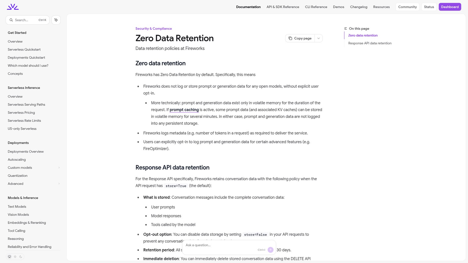 Fireworks-AI-Dokumentation zum standardmäßigen Zero Data Retention und zum Speicherverhalten der Responses API