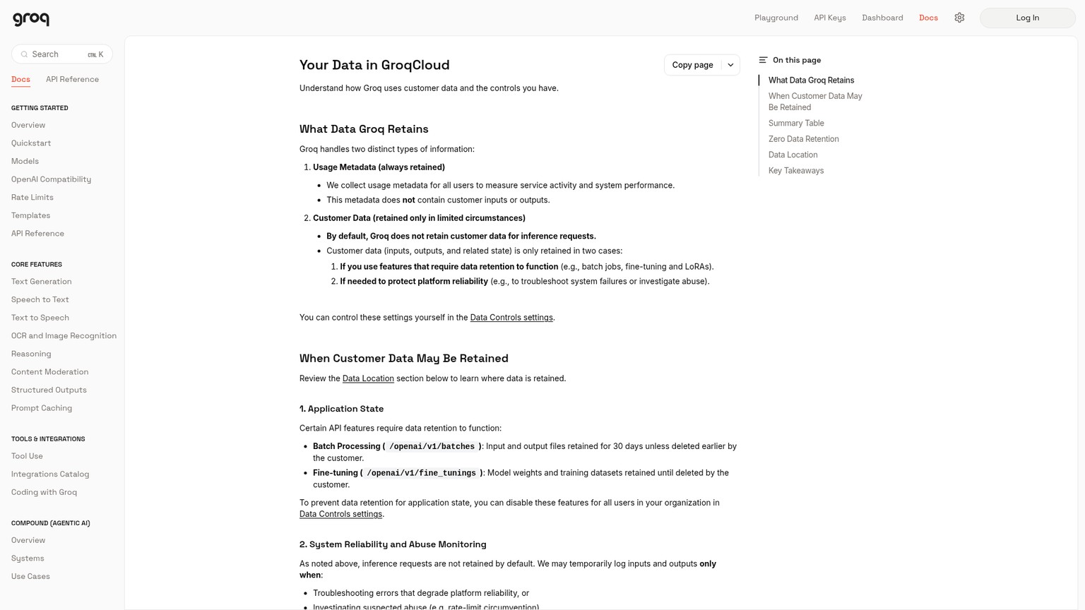 GroqCloud-Dokumentation zu gespeicherten Metadaten, temporären Protokollen und Zero-Data-Retention-Kontrollen
