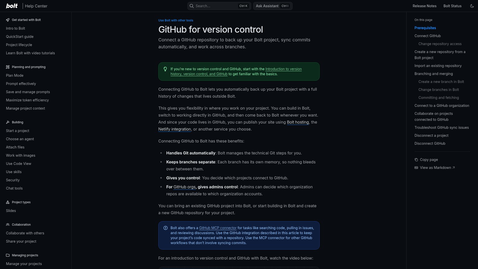 Documentation de l'intégration GitHub de Bolt couvrant les dépôts, les branches et la synchronisation