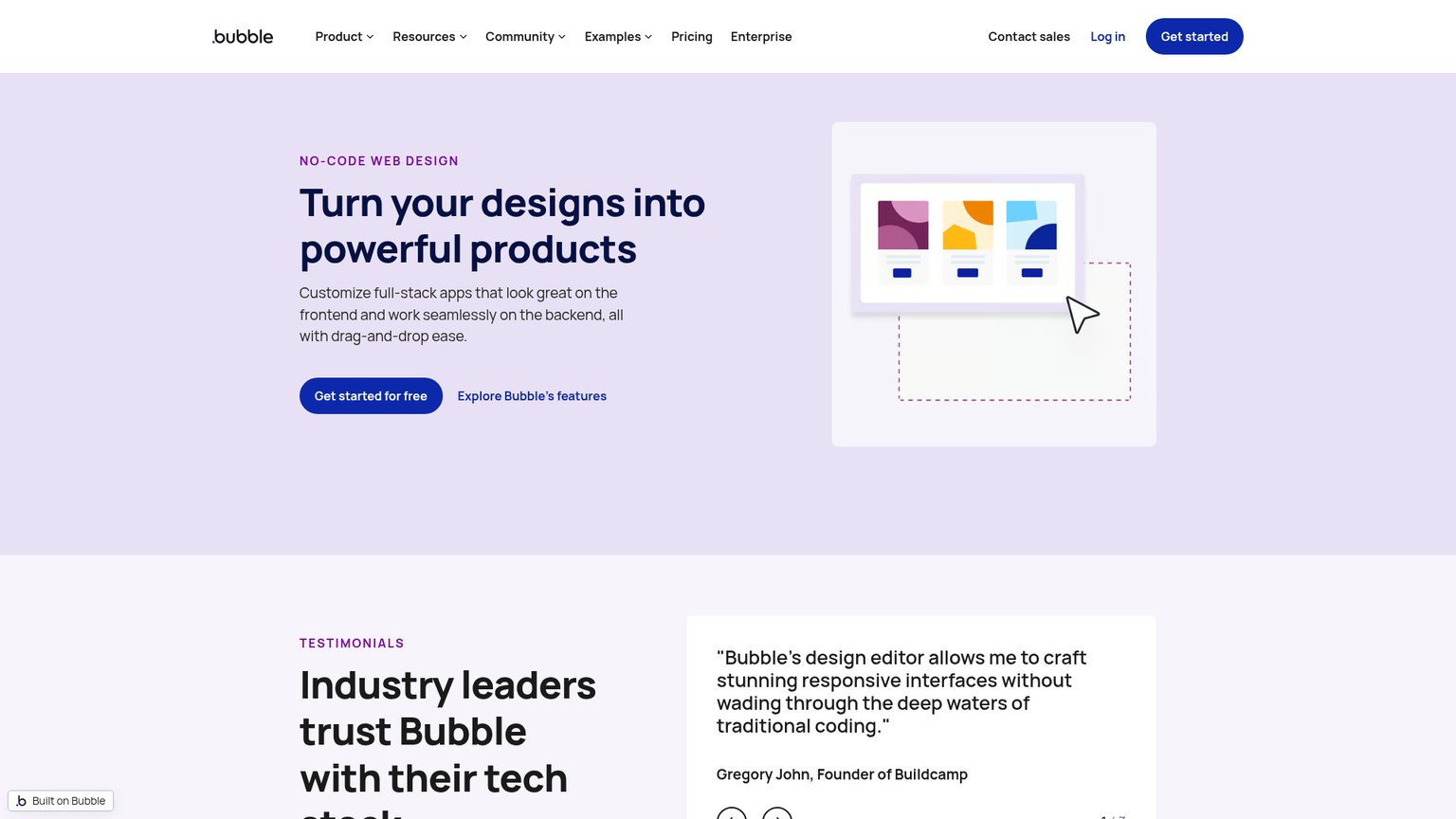 Pagina di progettazione di Bubble che mostra il suo editor visuale per app responsive