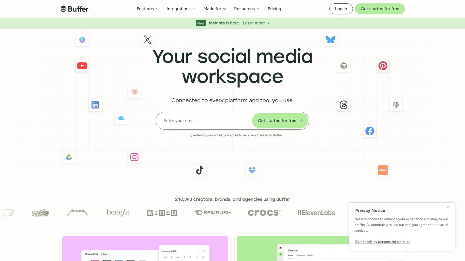 Buffer homepage showing its social media workspace and core products