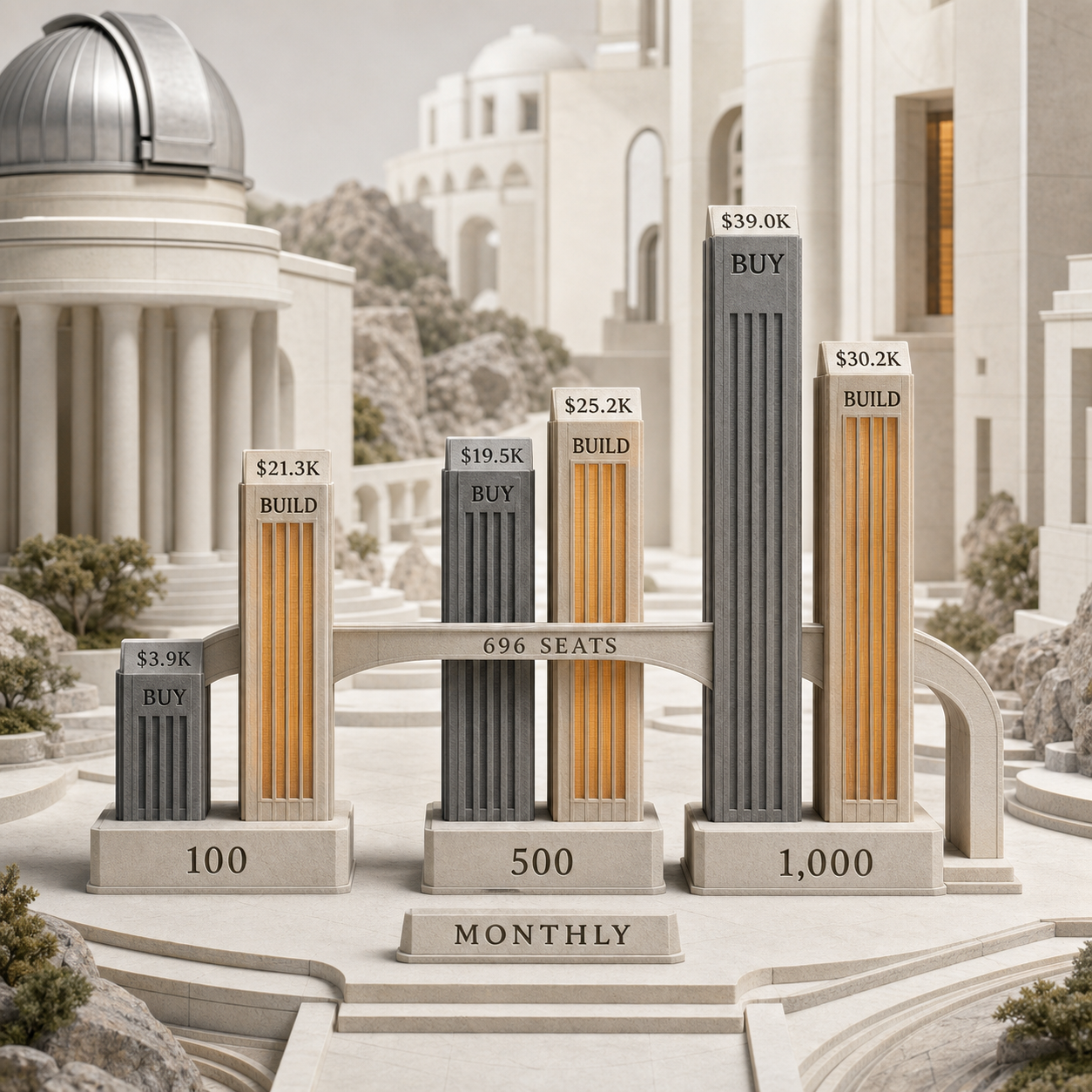 Column chart comparing monthly buy and build costs at 100, 500, and 1000 developers