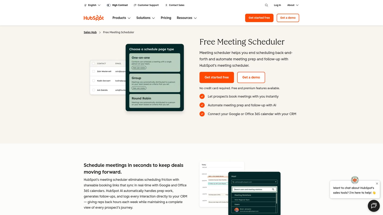 HubSpot Meetings page showing calendar booking connected with CRM records
