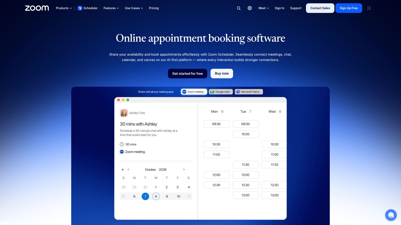 Zoom Scheduler product page describing appointment booking