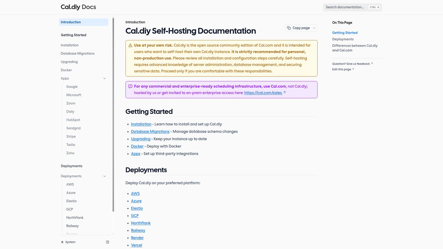 Cal.diy documentation explaining self-hosting and differences from Cal.com