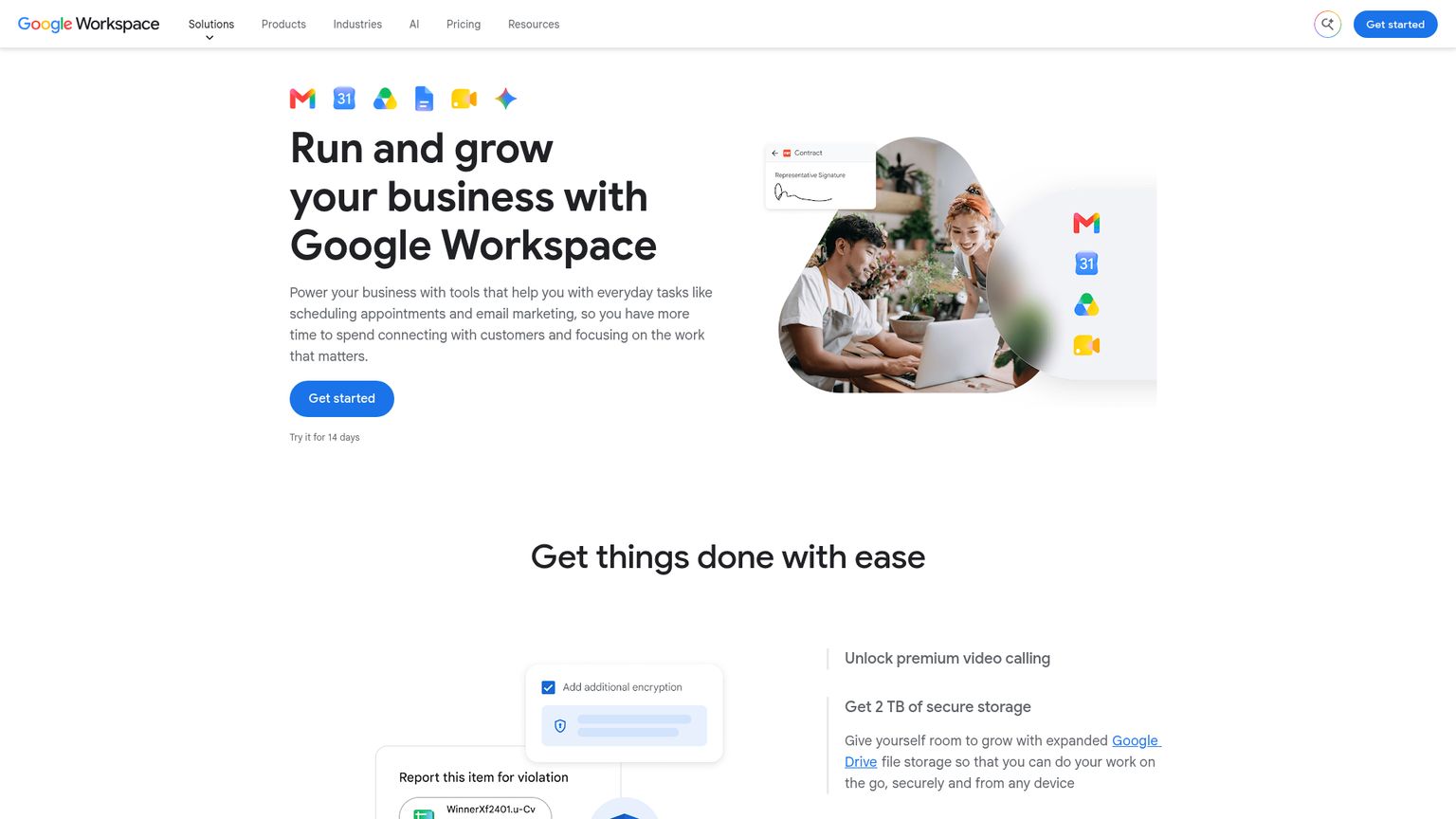 Google Workspace page describing appointment scheduling, reminders and payment collection
