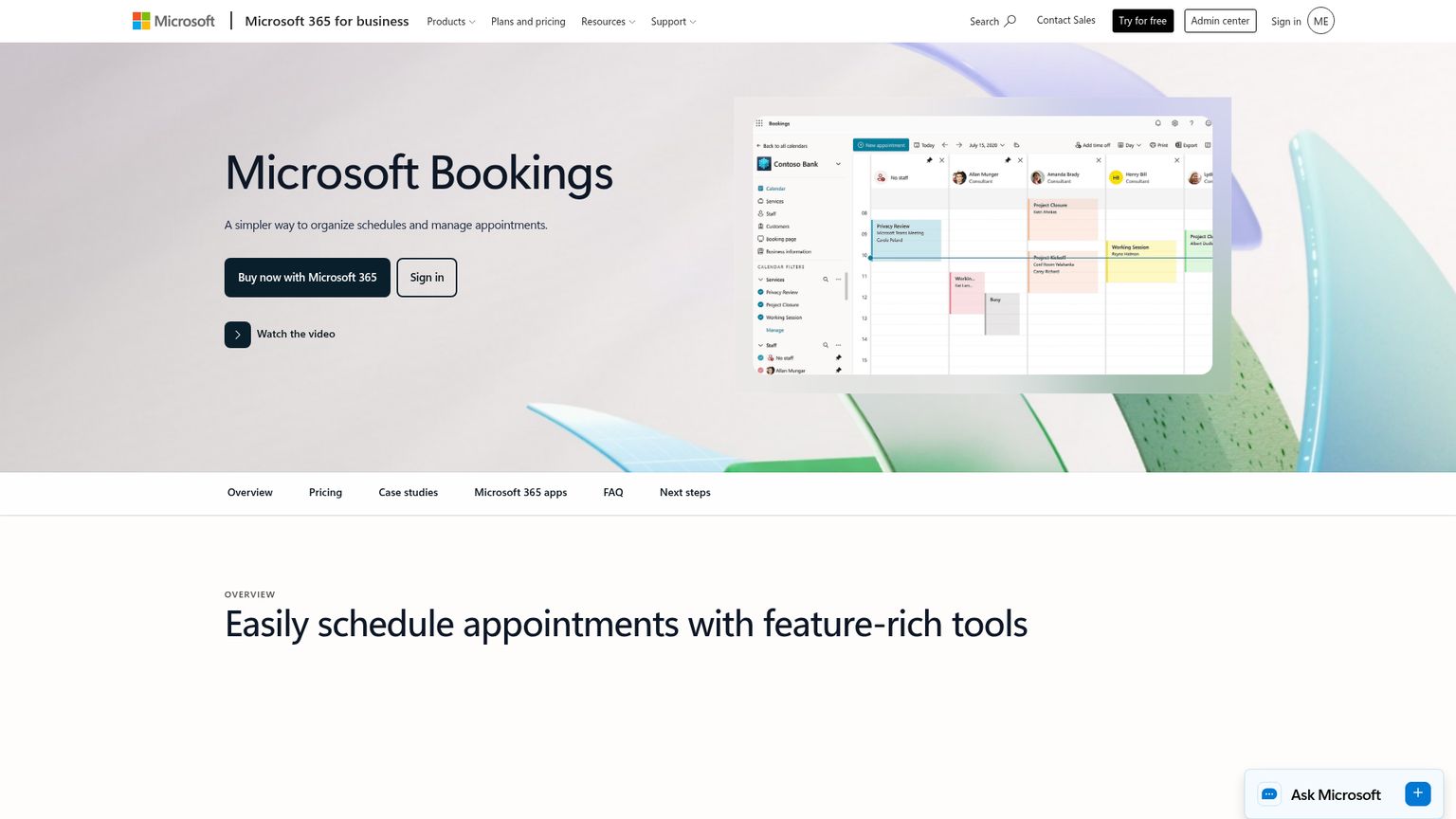 Microsoft Bookings product page showing appointment and staff scheduling