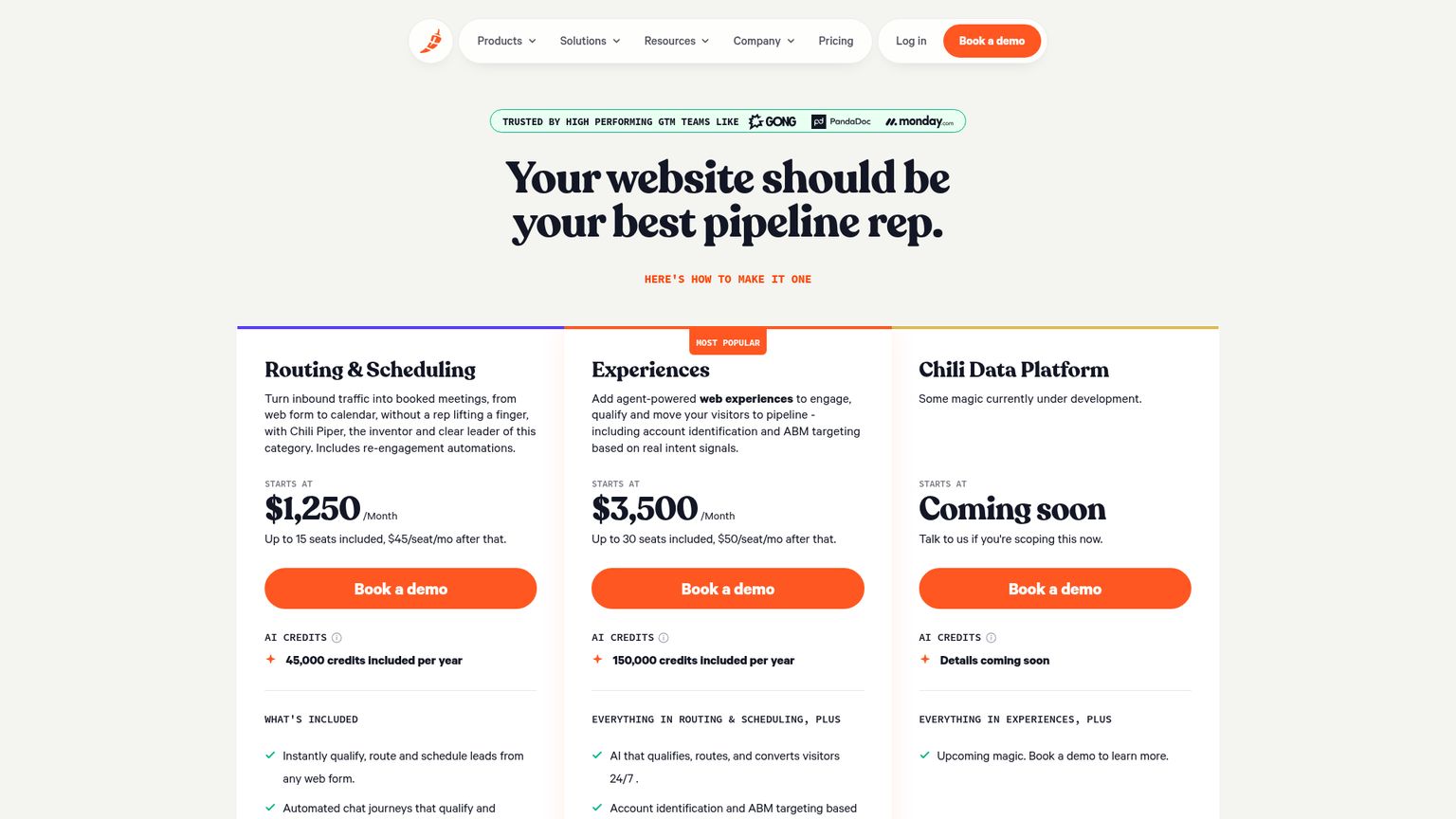 Chili Piper pricing page showing Routing and Scheduling and Experiences packages