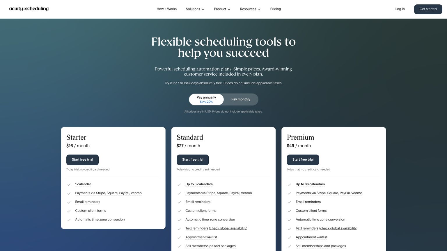 Acuity Scheduling pricing showing Starter, Standard and Premium calendar allowances