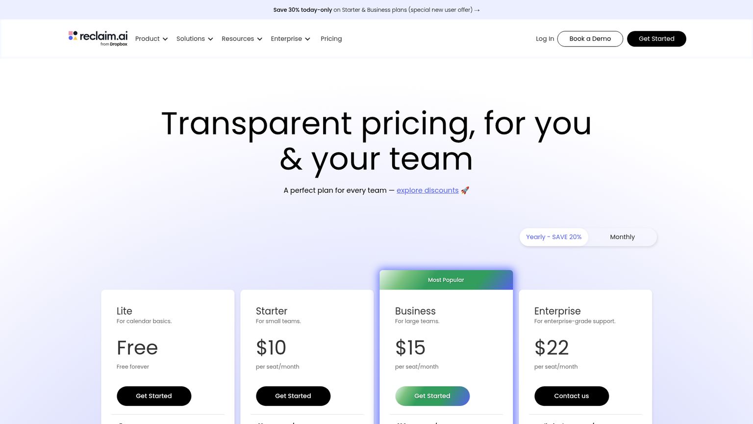 Reclaim pricing page showing Lite, Starter, Business and Enterprise