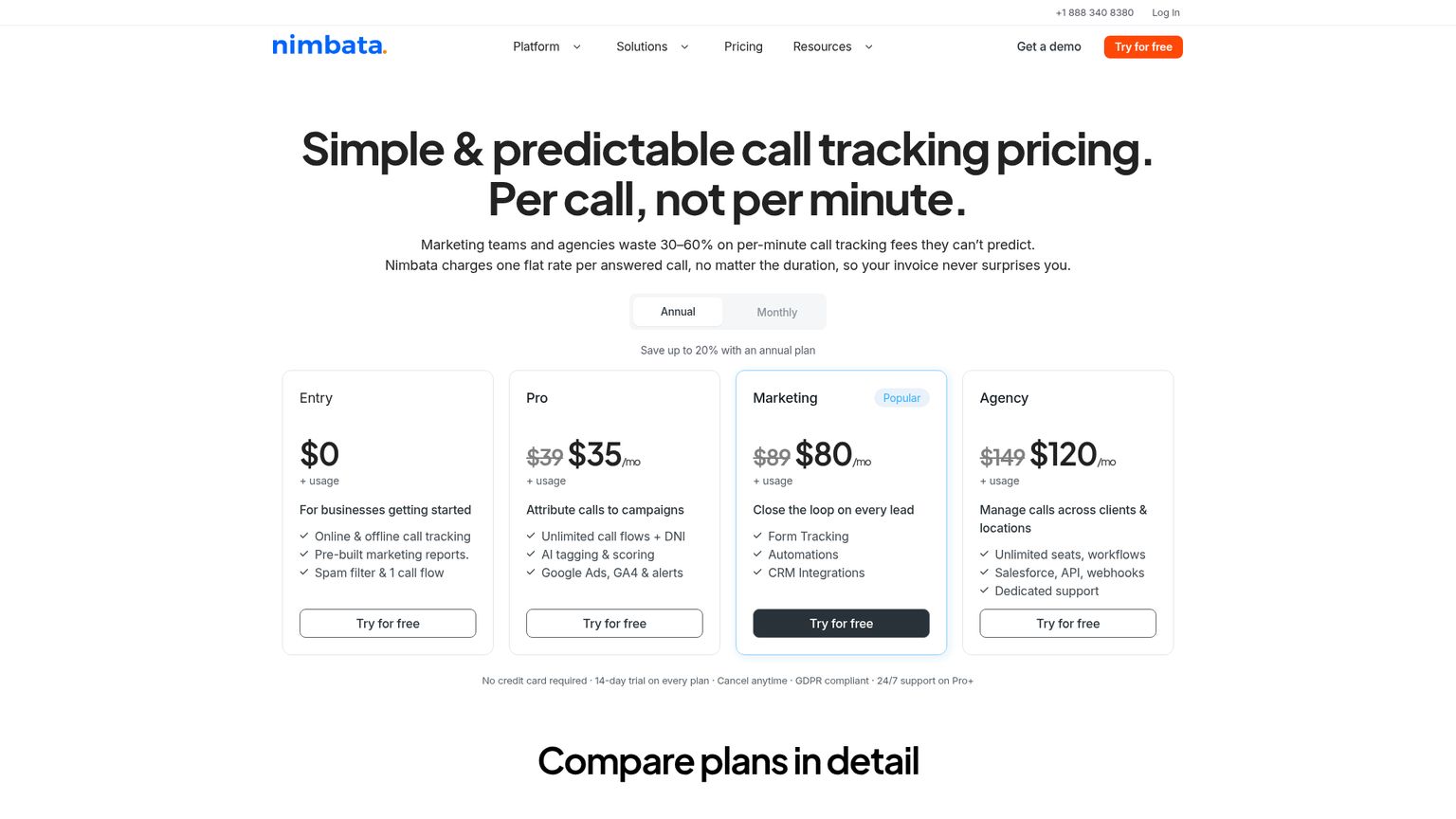 Page des tarifs Nimbata présentant les offres Entry, Pro, Marketing et Agency