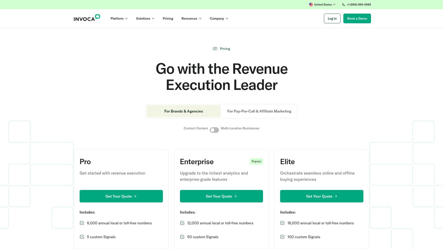 Page des tarifs Invoca avec les offres Pro et Enterprise sur devis