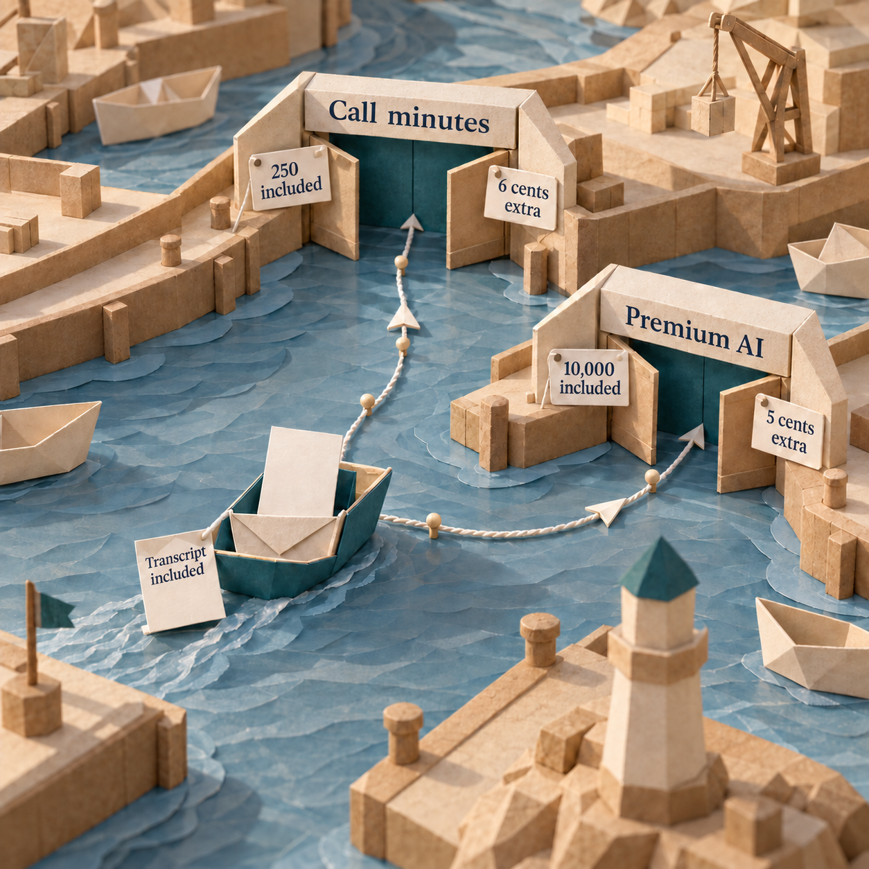 A paper harbor separates local call minutes with included transcription from optional Premium AI analysis minutes