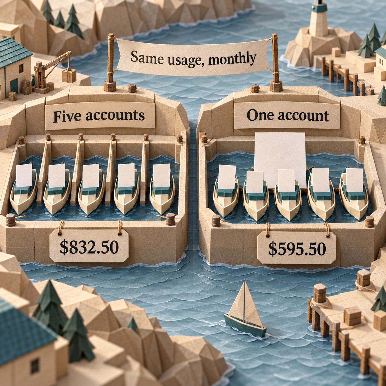 Five separate paper harbor billing accounts total $832.50 while one account holding the same usage totals $595.50