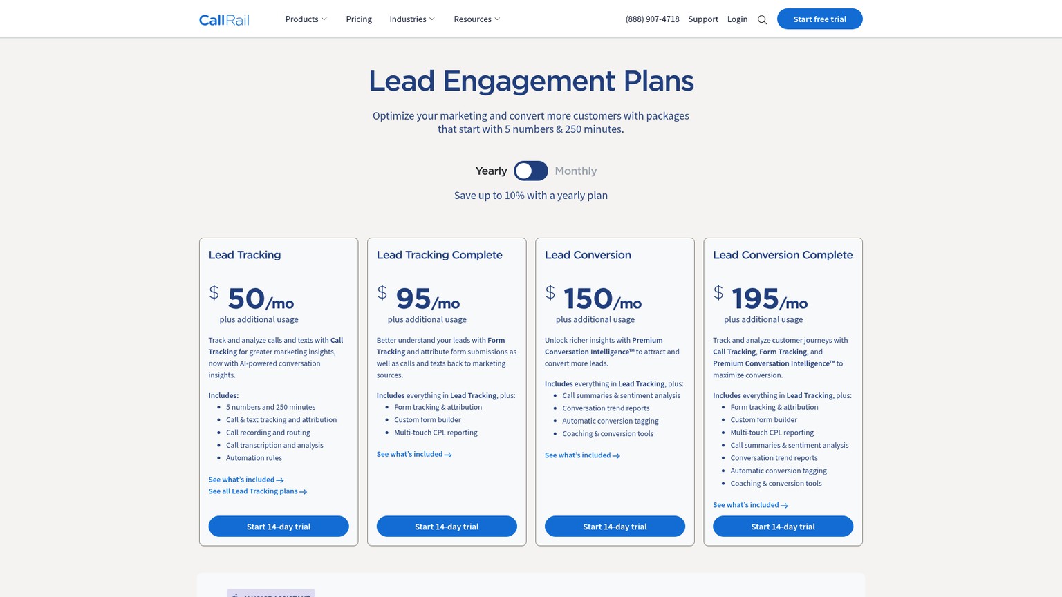 CallRail's live pricing page showing its four lead engagement bundles