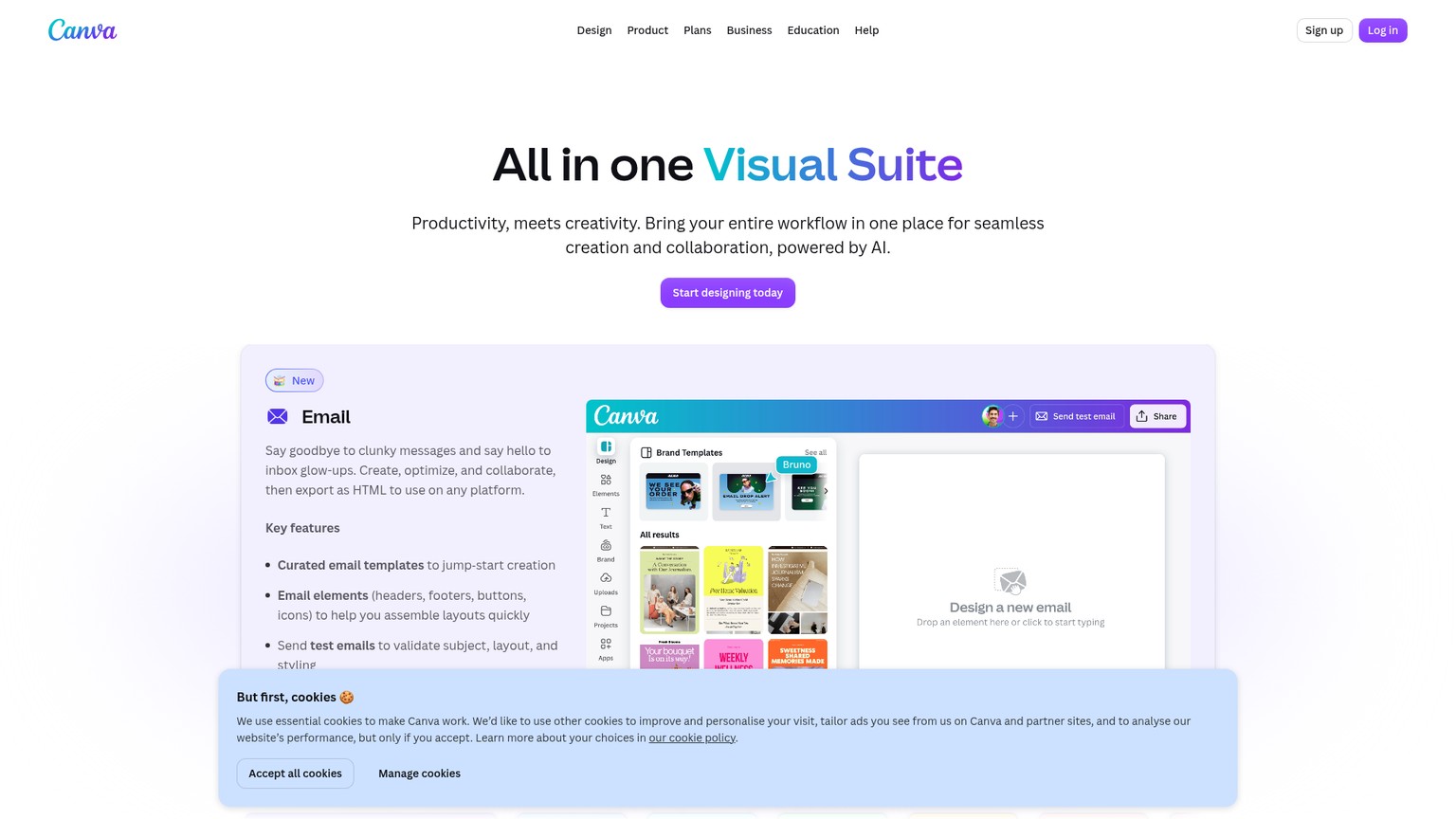 Página de Canva Visual Suite con sus productos de diseño multiformato