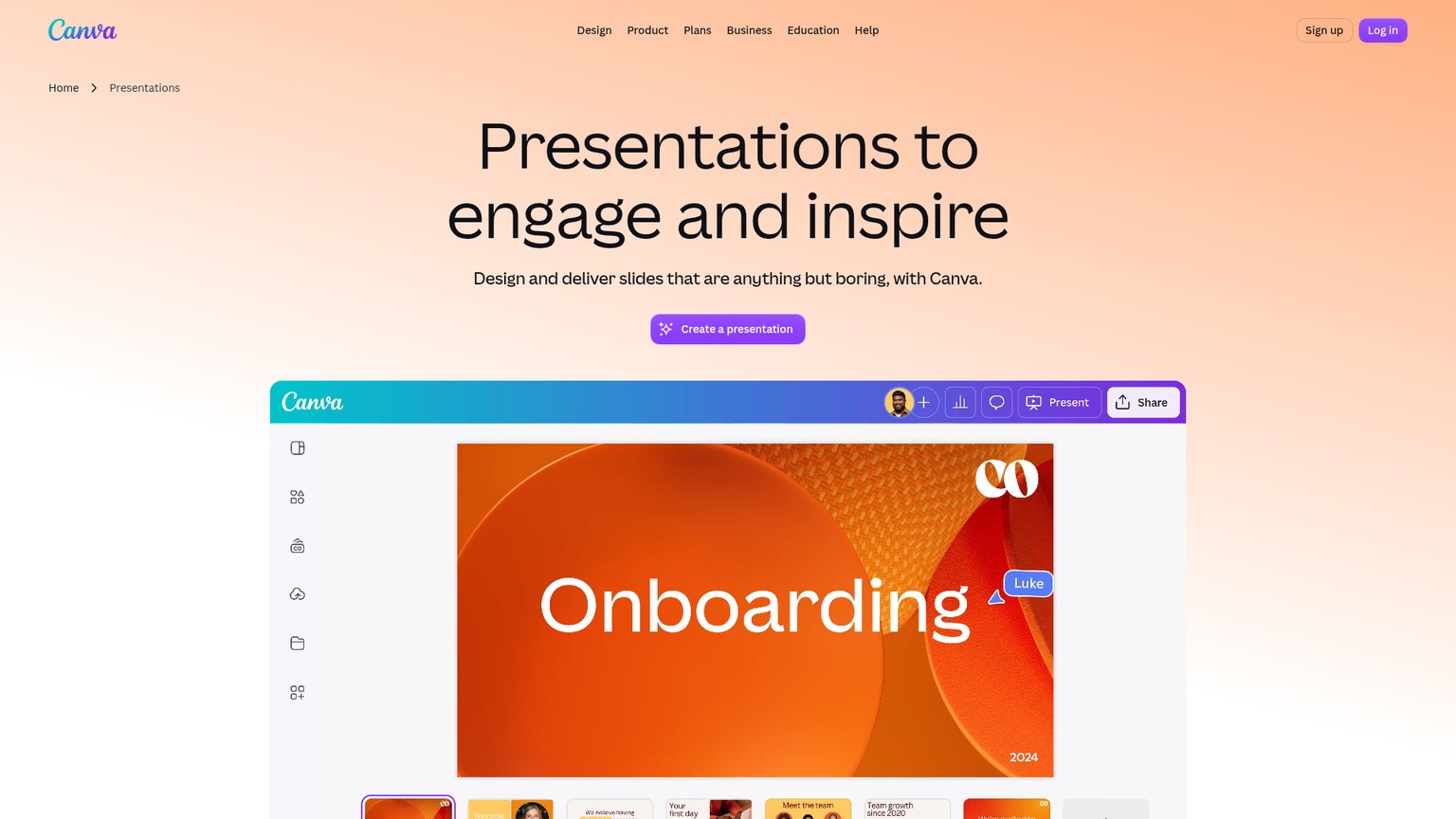 Página de Canva Presentations con funciones para crear y presentar