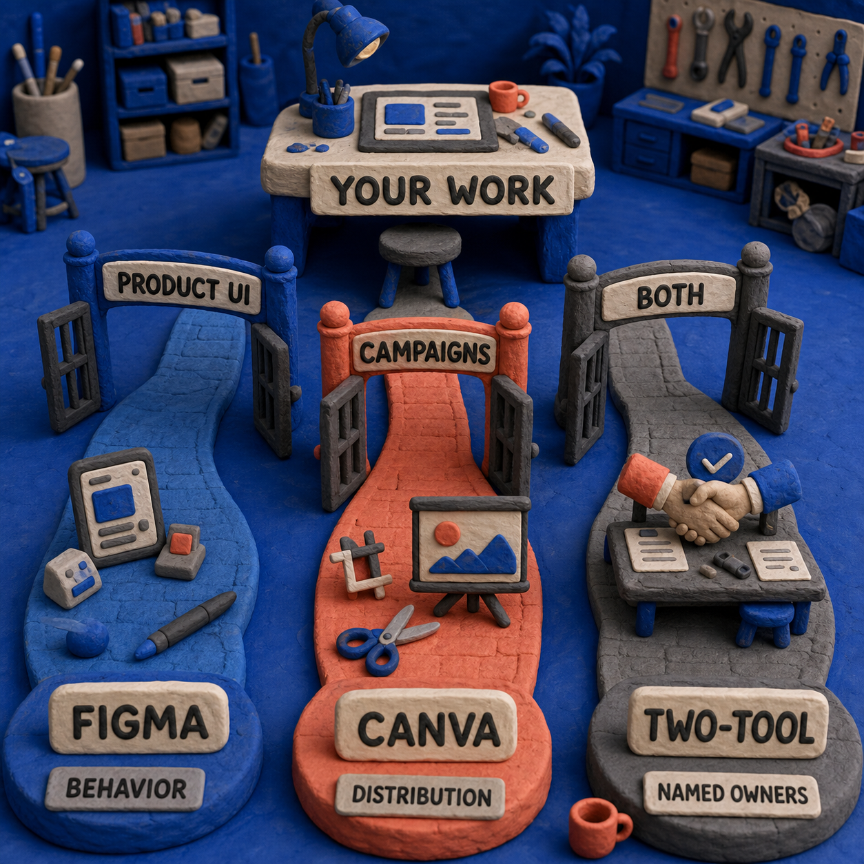 Entscheidungsweg von Produkt-UI, Kampagnen oder beidem zu Figma, Canva oder einem geregelten Zwei-Tool-Workflow