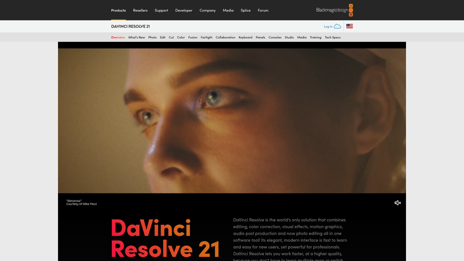 無料版とStudioの価格が掲載されたDaVinci Resolve製品ページ
