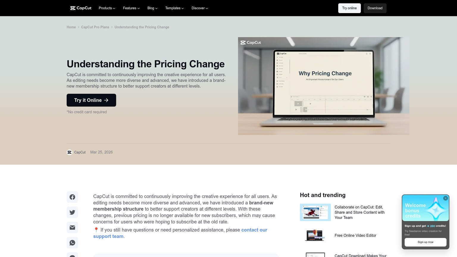 CapCut pricing change help page showing the 2026 membership update