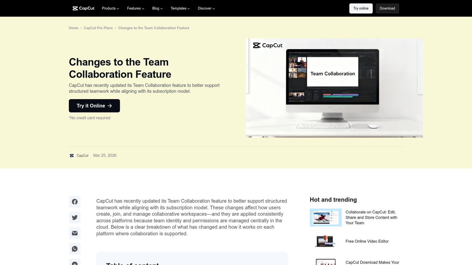 CapCut team collaboration help page showing seats, roles, and workspace controls