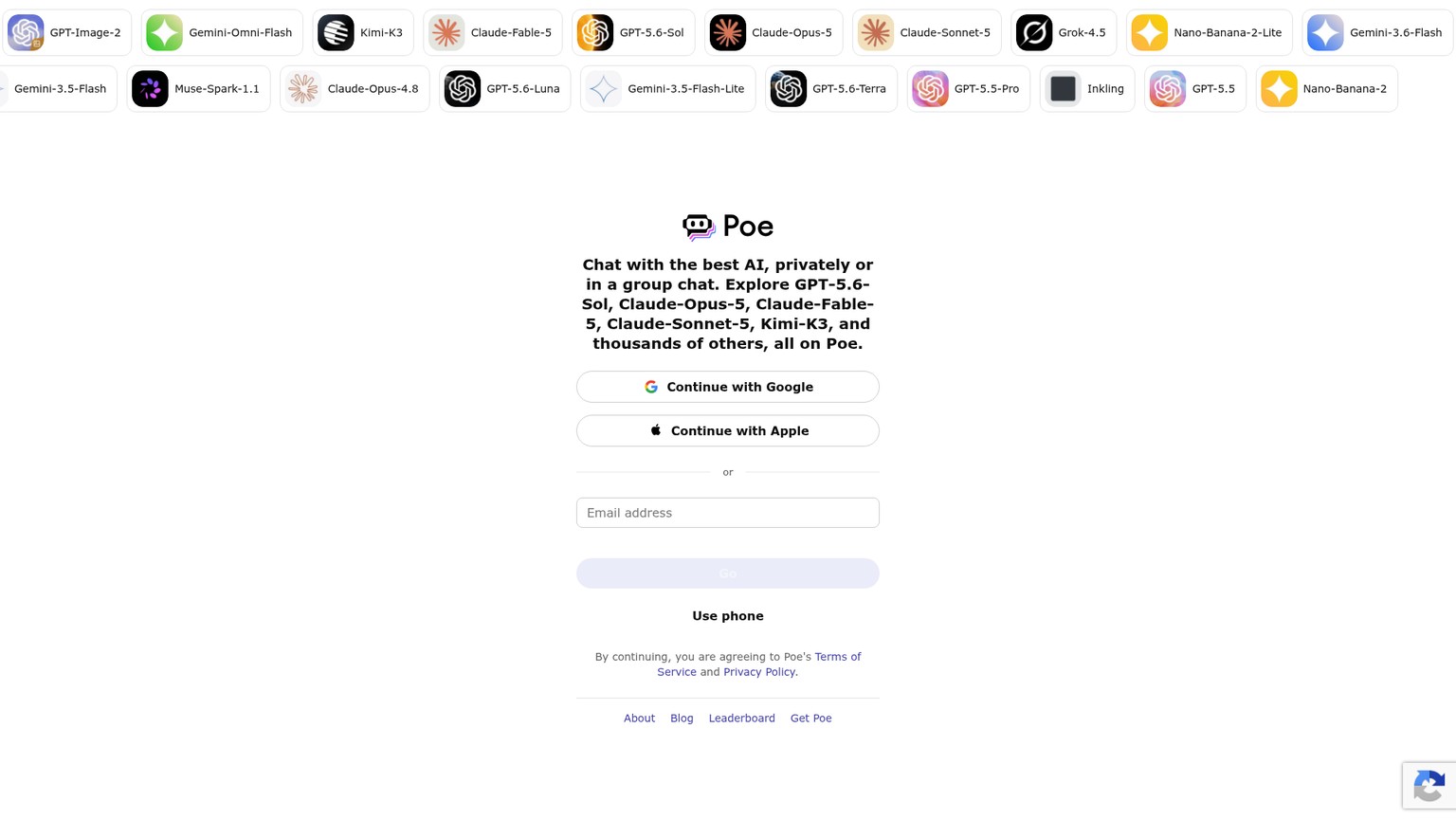 Página de inicio de la plataforma de bots y múltiples modelos Poe