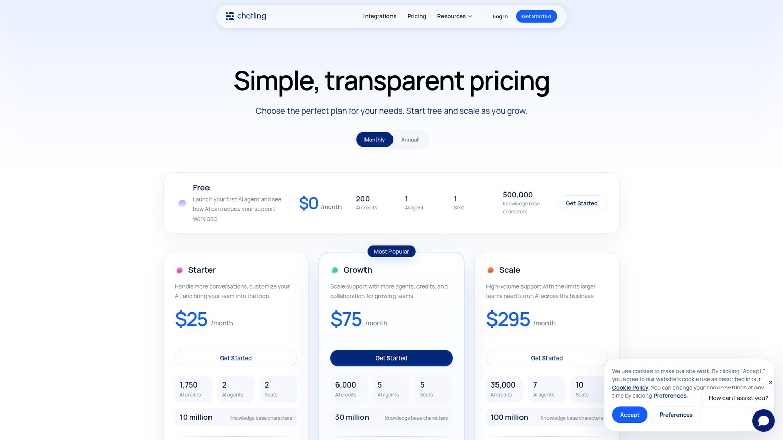 Chatling pricing page with plans, AI credits, seats, and knowledge limits