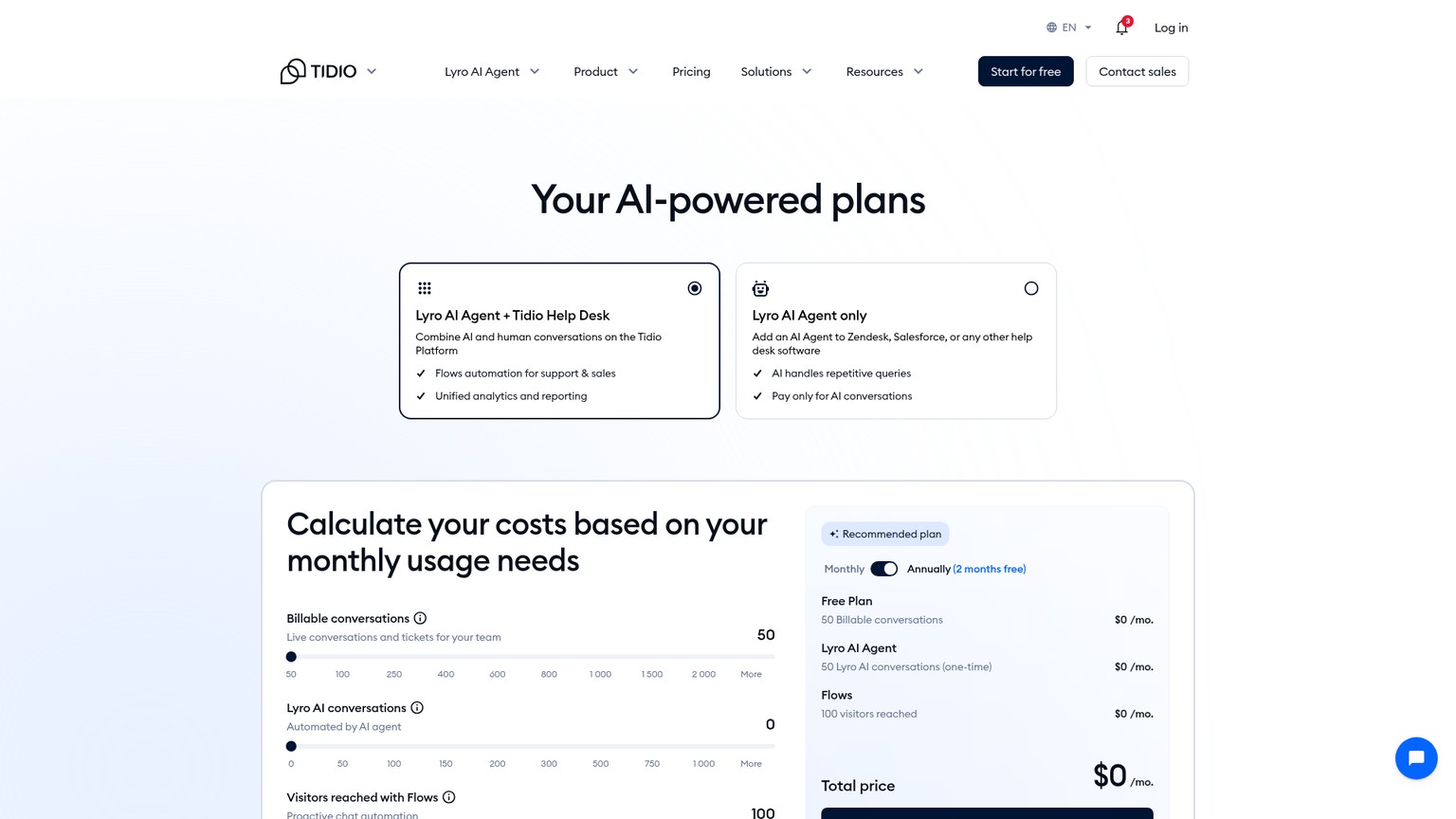 Tidio pricing page for customer service and Lyro AI Agent