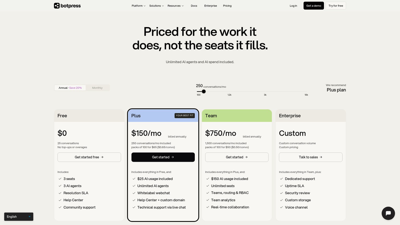 Botpress pricing page with conversations, AI spend, seats, and plans