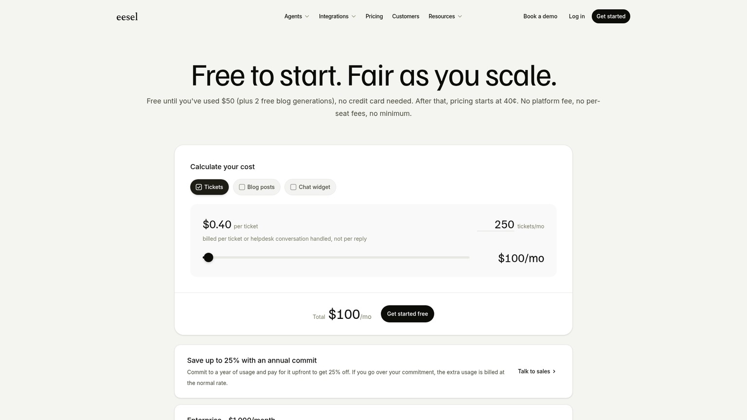 eesel AI pricing page showing per-task customer-support pricing